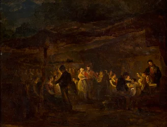 Un banquete vespertino, soldados ante un castillo