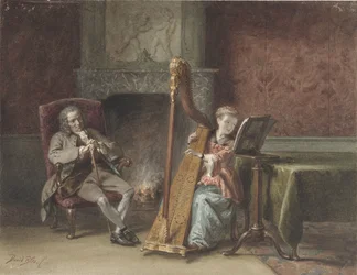 Interior con chica tocando el arpa y un caballero en una silla mirando