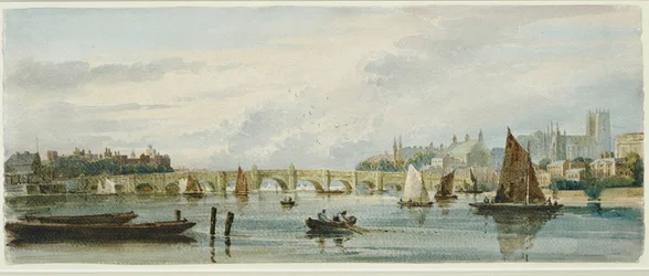 Vista del puente de Westminster hacia el oeste, en dirección al palacio de Lambeth y a la abadía de Westminster