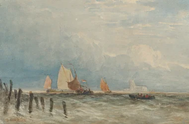 Pesca holandesa frente a la costa, con Grote Kerk, Dordrecht en la distancia
