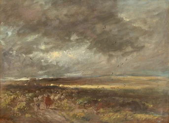 Paisaje de páramo: pastor y ovejas (óleo sobre papel y lienzo)