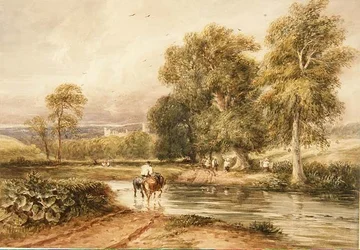 Regresando del campo de heno, con una vista distante de Haddon Hall