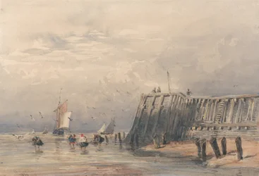 Barcazas de vela y camaroneros en un muelle