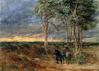 Viajeros acercándose a un poste indicador en un páramo, 1851