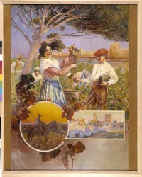 Aigues Mortes (Aigues-Mortes), Arles, la Camarga: una joven muestra un hermoso racimo de uvas que acaba de recoger de un viñedo. David Dellepiane (1866-1932), puntillismo. Mención obligatoria: Colección fondation regards de Provence, Marsella (cm 1