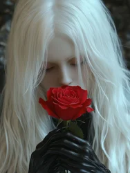 Cabello blanco, rosa roja
