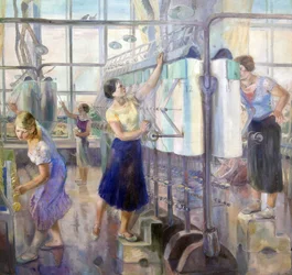 Le plan quinquennal - Taller de mujeres en la fábrica Sevkabel par Zagoskin, David Efimovich (1890-1942). Óleo sobre lienzo, tamaño : 200x215