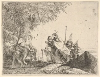 María, ayudada por José y un ángel, bajando de un bote a la orilla, un ángel estabiliza..., 1753