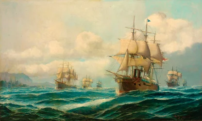 La escuadra del vicealmirante Phipps Hornby atravesando los Dardanelos a vapor rumbo a Constantinopla, febrero de 1878
