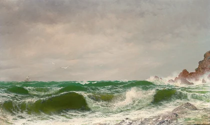 Olas rompiendo en una costa rocosa, 1885