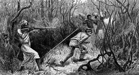 Emboscada de Manyema, África Central, grabado de Los últimos diarios de David Livingstone, por David Livingstone (1813-1873), Londres.