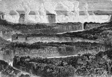 Vista de las grandes cataratas del Zambeze, conocidas como Mosi-oa-Tuny o Victoria Falls, Zambia, grabado de Narrative of Expedition to Zambezi and its tributaries, de David Livingstone (1813-1873) y Charles Livingstone (1821-1873), Londres.