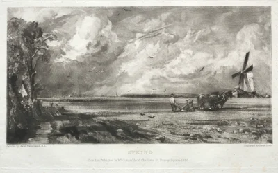 Varios temas de paisaje, característicos del paisaje inglés de cuadros pintados por John Constable, R.A.: Primavera. Un molino en un común. Chubascos de granizo. East Bergholt, Suffolk