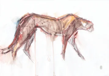 Caza de guepardos, 2019 (crayón/acuarela sobre papel)