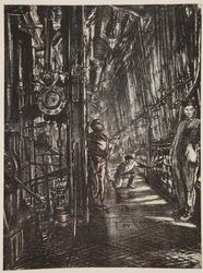 Una sala de calderas en un acorazado, ilustración de "The Western Front", pub. by Country Life Ltd