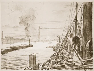 Un barco hospital en una base, ilustración de 