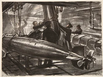En el piso de torpedos sumergido de un acorazado, ilustración de 