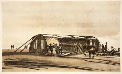 En el Somme: Hombres del RFC construyendo su cabaña de invierno, ilustración de 