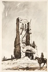 La torre en ruinas de Becordel Becourt, ilustración de "The Western Front", pub. by Country Life Ltd