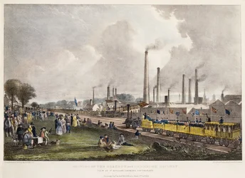 Vista en St. Rollox mirando al sureste; Apertura del ferrocarril de Glasgow y Garnkirk, 1832