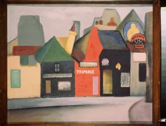 Paisaje (calle de un pueblo francés con una tienda de callos y una pastelería). Pintura de David Petrovich Sterenberg (1881-1948), óleo sobre lienzo