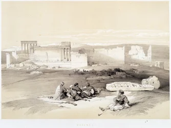 Baalbec (Baalbek) en Líbano, dibujo realizado el 05/05/1839 en “La Tierra Santa”, Londres 1849