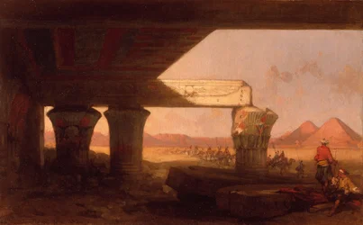 Paisaje egipcio con una vista lejana de las pirámides