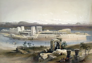 Vista general de la isla de Philae, Nubia", noviembre de 1838. Acuarela de David Roberts (1796-1864), artista y orientalista escocés. Templo Antiguo Egipto Arqueología Religión Mitología Ruina".