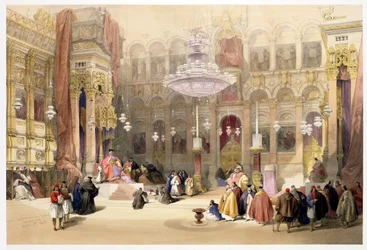 Iglesia griega del Santo Sepulcro, Jerusalén, 11 de abril de 1839, lámina 4 del volumen I de «Tierra Santa», grabada por Louis Haghe (1806-85), publicada en 1842