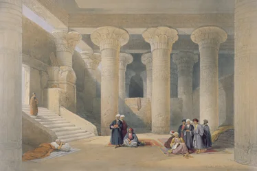 Interior del templo de Esna, Alto Egipto, de «Egipto y Nubia», grabado por Louis Haghe, publicado en Londres, 1838