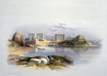Isla de Philae, Nubia", noviembre de 1838. Según acuarela de David Roberts (1796-1864), artista y orientalista escocés. Templo Antiguo Egipto Arqueología Religión Mitología Ruina