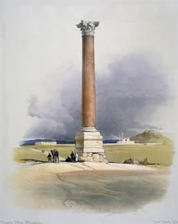 Columna de Pompeyo, Alejandría: Columna de granito rojo erigida en honor de Diocleciano en el siglo IV, que se creía que marcaba el lugar de enterramiento de Pompeyo el Grande. Por David Roberts (1796-1864) Artista y orientalista escocés.