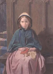 Retrato de una niña leyendo en un banco de iglesia