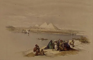 Las pirámides de Giza desde el Nilo, de "Egypt and Nubia", Vol.1 (litografía)
