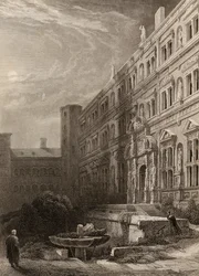 El gran patio de Heidelberg, grabado por H. Winkles, ilustración de 