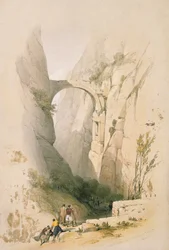 Arco triunfal que cruza el barranco que conduce a Petra, lámina 95 del volumen III de «The Holy Land», grabado por Louis Haghe (1806-85), publicado en 1849
