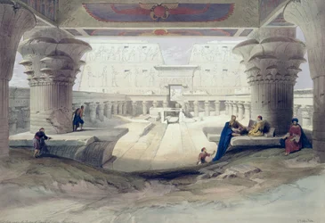 Vista desde el pórtico del Templo de Edfu, Alto Egipto, lámina 32 del Volumen I de Egipto y Nubia, grabado por Louis Haghe, pub. 1846