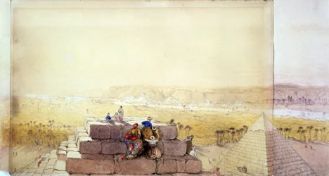 Vista de una pirámide", acuarela de David Roberts (1796-1864), artista y orientalista escocés. Antiguo Egipto Arqueología