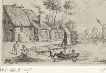 paisaje con granja y agua