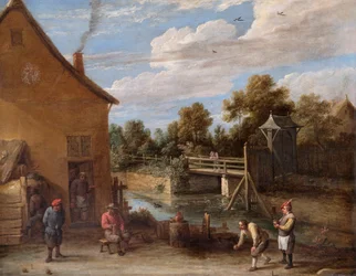 Campesinos Jugando a los Bolos Frente a una Posada junto a un Río, siglo XVII