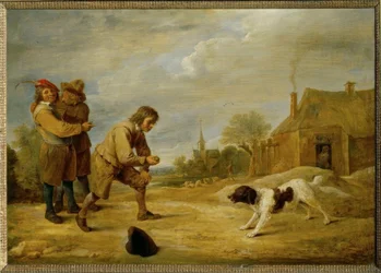Niños campesinos con un perro