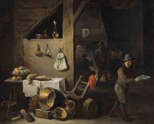 Interior de una cocina con un niño y tres figuras bebiendo y fumando