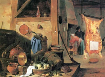 Interior de cocina con bodegón y buey sacrificado