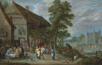 Campesinos bailando frente a una posada en Perck, con el Kasteel de Drij Toren al fondo.