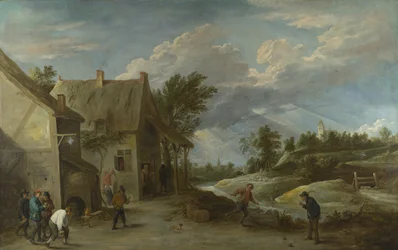 Campesinos jugando a los bolos fuera de una taberna del pueblo, c. 1660