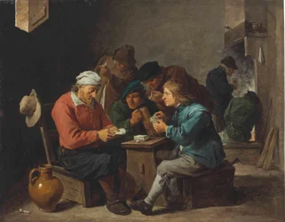 Campesinos jugando a las cartas en un interior