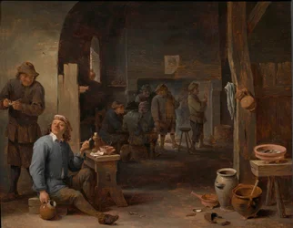 Interior de una posada con campesinos fumando junto a una mesa y conversando ante el fuego.