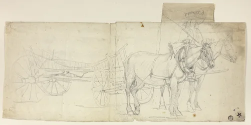 Equipo de dos caballos con conductor, tirando de un carruaje (anverso); bocetos de mujeres agachadas (reverso)