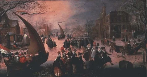 Un pueblo en invierno con nobles navegando sobre hielo