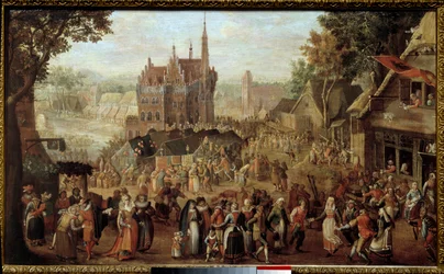 Kermesse en Audenarde (Bélgica). Fiesta frente a la iglesia del pueblo. Pintura de David Vinckboons (o Vinckeboons o Vinkeboons 1576-1629)